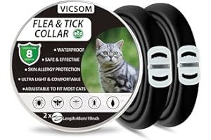 VICSOM Collare Antiparassitario per Gatti, Collare Antipulci Gatto, Collari Antiparassitari per Gatti, 8 Mesi di Protezione Naturale Collare Gatto Antiparassitario Regolabile Impermeabile 18.8In Nero 2Pc