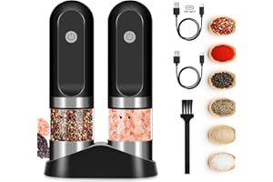 SOMHE Electric Salt and Pepper Grinder Set, Stainless Steel Pepper Mill, USB Rechargeable, Adjustable Coarseness, Auto Grinders with Storage Base White LED Light, One-Handed Operation