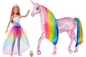 Barbie Dreamtopia Licorne rose Lumières Magiques crinière arc-en-ciel, sons et lumières et poupée princesse, emballage fermé, jouet pour enfant, GWM78