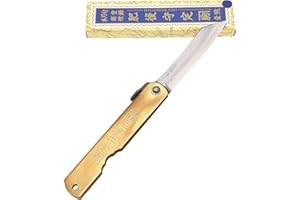 HIGO NO KAMI Couteau de Poche Pliant Artisanal Japonais Aogami Warikomi Manche Laiton Acier Bleu Couteau Estampillé Fait Main au Japon par Nagao Kanekoma HRC 62 (Lame 7 cm)