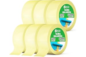 V1 TRADE Taśma krepowa 50 mm x 50 m – 6 sztuk – uniwersalna taśma malarska pomocna podczas malowania – łatwa do usunięcia taśma klejąca – taśma malarska wodoodporna – taśma klejąca żółta