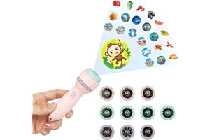 HOTUT Lampe Torche et Projecteur Animaux, Jouet Lampe de Poche Projecteur Histoire, Mini Projecteur Histoire Enfant avec 10 Disques 80 Images, Jouet Éducatif pour Garçons Et Filles-Rose