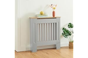 Panana Radiator Cover Cabinet, Modern Painted MDF with Slatted Grill Design (Grey with wood top, S)