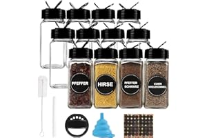 pojah Juego de 12 tarros de especias, 120 ml, tarros de especias rectangulares con tapa negra, embudo, cepillo, etiquetas y rotulador de tiza, 10,5 x 4,3 cm