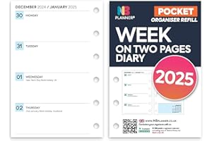 NBplanner Ricarica per agenda tascabile 2025, settimana su due pagine, compatibile con Filofax, mensile, settimanale, inglese (2025)