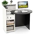 SFAREST Reception Desk, Wooden Front Cashier Table with Open Shelf and Lockable Function, Modern Retail Corner Computer Desk for Salon Office Restaurant (White + Black)
