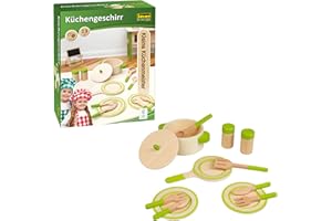 Idena 40215 - Petit maître de Cuisine en Bois - Set de Cuisine pour Enfants avec Beaucoup d'accessoires, ustensiles de Cuisine pour la Cuisine et Le Magasin de marchands - 13 pièces, Bois/Vert