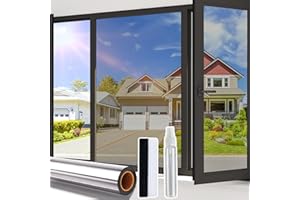 Beautysaid One Way Window Film Privacy Film for Glass Windows, Heat Control Reflective Mirror Window Tint Film Home, UV Sun Blocker Anti Glare Vinyl House Doors Cover with Tools, Silver, 44.5 x 200cm