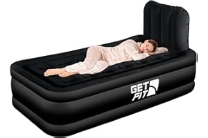 Get Fit Air Bed With Built In Electric Pump - Premium Single Airbed - Quick Blow Up Bed With Headboard & Free Inflatable Pillow - Elevated Inflatable Air Mattress For Outdoor, Camping - Black Mono