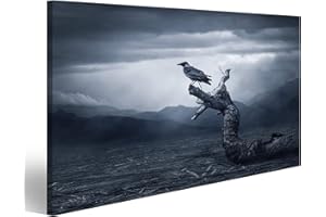 Black Raven in Moonlight Crouched on Tree Creepy Scary Gothic Setting Cloudy Night Halloween Wall Picture Poster Canvas Picture OCZ