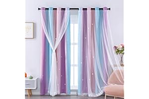 XiDi Rainbow Curtains for Bedroom Stars Decoration Thermal Insulated Net Blue Curtains with Rings for Kids Girls Bedroom Window Treatment 52x63 Inch 2Pcs
