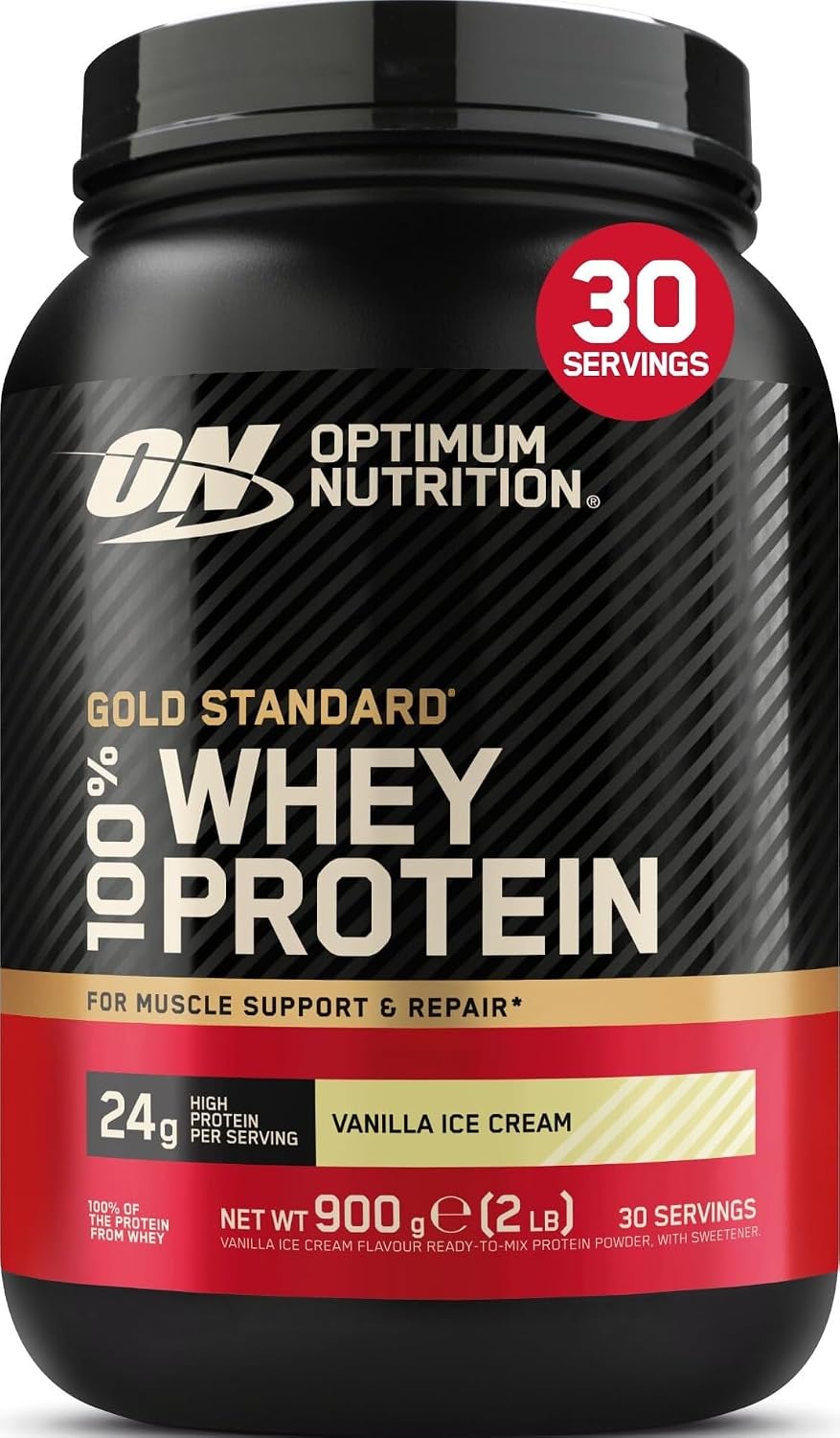 Optimum Nutrition Gold Standard 100% Whey Protéine en Poudre, 900 g | Vanilla Ice Cream, 30 Portions, 24g de Protéines,BCAA, Soutient la Croissance et la Récupération Musculaires