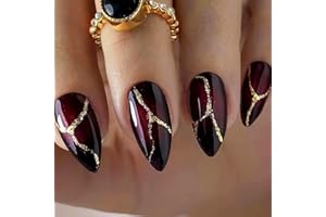 CEBOIC 24Pcs Almond French Press on Nails Short, Dark Red Glossy Acrylic French Tips Fake Nails, Gold Shiny False Nails with Designs, Stiletto Acrylic Full Cover Stick on Nails for Women and Girls