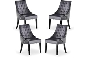 P&N Homewares - Windsor Chair - Grey (4 SET) | Tufted Velvet Fabric | Door Knocker | Studded | Dining Chair | Upholstered Accent Side Chair | FREE NEXT DAY DELIVERY |