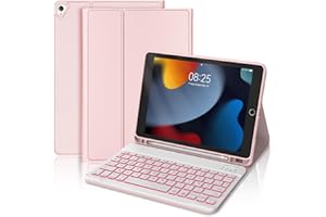 IVEOPPE Clavier Coque pour iPad 9ème/8ème/7ème Génération 2021/2020/2019 10.2”/iPad Air 3 10.5" 2019/iPad Pro 10.5, 7 Couleurs Rétroéclairées AZERTY Français Magnétique Amovible Clavier Bluetooth Etui, Rose