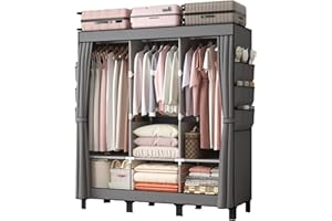 LOEFME Armadio 172 x 130 x 45 cm per camera da letto, nuovo armadietto in tessuto di design basic, con 2 aste e 18 tasche laterali, armadio in tessuto, grigio