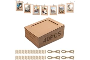 XHYASD 40 sztuk papierowych ramek na zdjęcia, 10 x 15 cm, brązowe ramki na zdjęcia z kartonu, girlanda na zdjęcia z 40 drewnianymi klamerkami i 4 linkami konopnymi, smycz do zdjęć z klamerkami, do