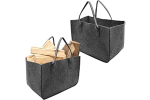 Filztasche Einkaufskorb 2 Stück, iMeshbean Kaminholzkorb Groß Filz Holzkorb für kaminholz, Faltbar Einkaufstasche mit Griffen, 50 x 25 x 25 cm, Aufbewahrungsbeute für Holz Zeitungen (Dunkelgrau)