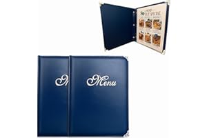 GLIMVILO Set di 2 porta menu A4, stile vintage, impermeabili e antigraffio, con 7 pagine/14 viste e buste trasparenti, ideale per ristoranti, bar, caffetterie e hotel (blu navy, 7 pagine/14 viste)