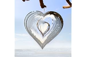 LIKEUDO Wind Spinners, 3D Silver Steel Stainless Wind Hanging Spinner, Kinetic 360 Degree Spiral Wind Chimes, Wind Sculptures & Spinners, Metal Heart Spinner for Outdoors Yard Garden Décor (L 11.8x11.8inch)