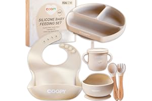 COOPY® Silicone Baby Weaning & Toddler Feeding Set | Plate & Bowl with Suction | Weaning Adjustable Bib, Sippy Cup, Bamboo Fork & Spoon | Microwave Safe, Eco Friendly & BPA Free | Easy To Clean(Beige)