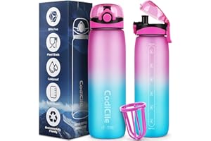 CodiCile Wasserflasche 1L Tritan, Trinkflasche 1l BPA frei, Spülmaschinensichere Sport Trinkflasche, Auslaufsichere Flasche mit Zeitmarkierung und Filter für Laufen, Fitness, Schule, im Freien