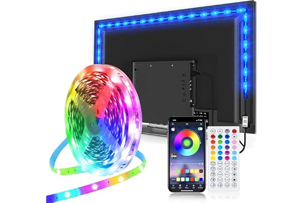 Ruban LED 5M, Ruban LED Bluetooth Ambiance TV, Bande LED Lumière Auto-adhésif avec Télécommande et App, Synchronisation Musique/Voix Changement de Couleur pour 60"-75" HDTV, PC, fête et décoration
