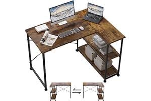 ‎TRIUMPHKEY TRIUMPHKEY Umkehrbarer Schreibtisch L Form Eckschreibtisch mit Ablagefächern Reversibel Computertisch L-förmiger mit Ecktisch, Bürotisch L Form 2 Tier DIY Lagerregalen 110CM Eck Tisch Vintagebraun