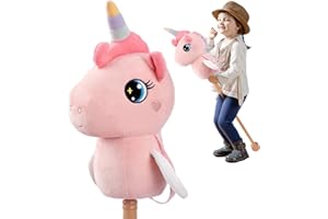 FUNLIO Unicorn Stick Horse for Kids 3+, Rainbow Fairy Hobby Horse with Soft Plush & Wood Wheels, Neighing and Galloping Sound for Pretend Play & Creativity, Horse Toys Gift, CPC & CE Certified - Pink