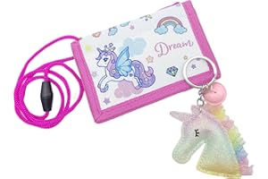 Bikasun Unicorn Kids Wallet, Children's Neck Pouch with Key Ring, Purse for Girls with Lanyard, Zippered Coin Pocket Card Holders, Small Toddler Wallet, Christmas Birthday Gift