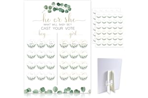 HONGPAR Greenery Baby Gender Reveal Board with Stand(12x17), 60 Eucalyptus Leaf Boy Girl Voting Stickers,He or She, Cast Your Vote Game, Sage Green Neutral Gender Reveal Party Centerpiece Decorations