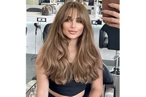 LEMEIZ Chestnut Brown Wig with Fringe, Natural Looking Synthetic Hair Brown Wig, Wavy Wig, Glueless Long Wigs for Women 22 inch LEMEIZ-140