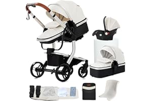 Veitoalioy Cuir PU Poussette 3 en 1, Portable Poussette Bebe Pliante, Haute vue Poussette Poussant Avant Et Arrière, Système De Voyage Pour Bébé (518 White)