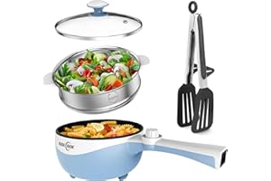 Audecook Electric Pot with Steamer, 1.7L Electric Frying Pan Travel Portable Pot, Mini Electric Skillet for Dorm Non-Stick Coating, Hot Pot Electric Perfect for Ramen/Steak/Egg/Fry/Soup/Oatmeal(Blue)