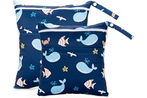 fanksoow 2Pcs Wet Bags, Waterproof Travel Beach Baby Cloth Diaper Wet Dry Bags for Soiled Baby Clothes Swimsuits (Whales)