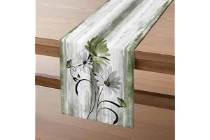 Bordslöpare moderna blommor i grönt olivgrön, bordslöpare vår vita tusensköna svarta blad fjäril bord löpare dekoration för i