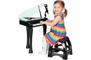 AIYAPLAY Piano enfant électronique, clavier de piano, 32 touches multifonctions, avec micro haut parleur et tabouret, couvercle lumineux LED, instrument de musique enfant 3-6 ans, noir