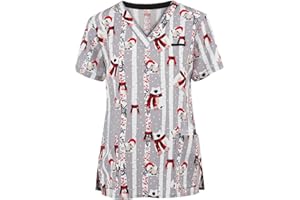 TOPASSION Christmas Scrub Tops for Womens V Neck Printed Short Sleeve Beauty Uniform Tunic with Pocket Uniform Tops Doctors Nursing Tops Hospital Work Shirt Working Uniform Workwear