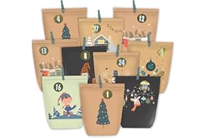 PANSIBY Adventskalender zum Befüllen, 24 Weihnachtskalender Papiertüten mit Zahlen Aufkleber zum Selber Basteln, Geschenktüten Advents für Kinder und Erwachsene