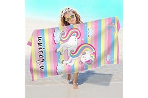 ‎FEELJAM FEELJAM Kinder Strandtuch Mädchen Einhorn Badetuch Strandlaken Handtuch 70 x 140 Mädchen Strandhandtuch Kinder Schwimmen Duschtuch - Mehrfarbig gestreift