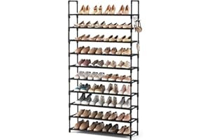 SPUSEN Shoe Rack, 10 Tier Shoe Storage Organizer with Hooks,Fit 40 Pairs Shoes,Metal Tall Shoe Shelf for Closet,Entryway,Garage,Bedroom,Cloakroom