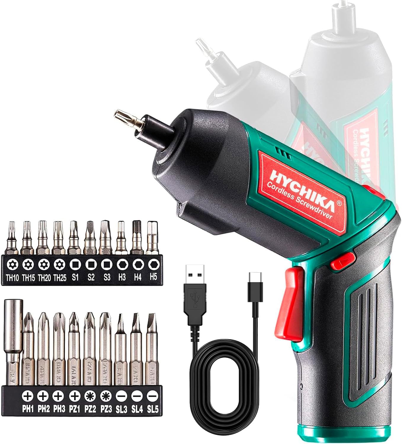 HYCHIKA Destornillador Eléctrico 6N.m, Atornillador Eléctrico Inalámbrico 3.6v Batería 2000mAh (Máximo Par 6 N.m) LED Luz, Mandril Magnétic, Cable USB, 20 Accesorios