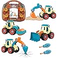 Eucomir 4 in 1 Take-Apart Construction Vehicles Toys Set with Handcase, DIY Excavator Digger with Screwdriver, Building Educational Assembly Engineering Truck for 3-6 Years Olds (Carton)