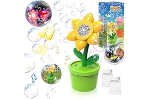 Vicalo Machine à Bulles de Tournesol, Machine à Bulles Automatique avec Eclairage et Musique, Livrée avec 2 Bouteilles de Liquide à Bulles, Adaptée pour Les Fêtes, Les Mariages, Les Jardins (Jaune)