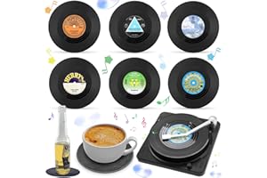 Liekadijiae 6 Pièces Sous-Verres Rétro Vinyle - Tapis de Table Anti-Dérapants pour Boissons Froides et Chaudes - Avec Support