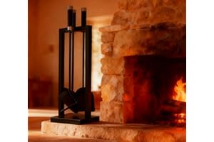 Kingson Set di accessori per caminetto, 3 pezzi, con supporto, pala, spazzola e attizzatoio, verniciato a polvere nera con manici in acciaio e acciaio inox, 59,5 cm