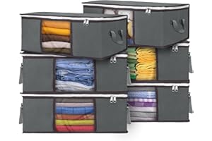 Budding Joy 35L Clothes Storage Bags, 6 Pack Storage Boxes with Lid Packing Boxes for Moving House with Durable Handles for Clothing, Duvet, Bedding, Pillows (Gray)