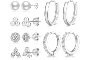 NEVEGE S925 Sterling Silver Earrings for Women Silver Hoops Earrings for Women with Silver Stud Earrings Set 4/6/8 Pairs Hypoallergenic Small Cartilage Huggie Earring Star Ball Butterfly CZ Studs