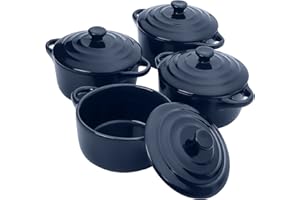 Belle Vous Set Mini Cocotte Terracotta Con Coperchi (Confezioni da 4) - Set Terrine da Forno Rotonde 170ml Blu Scuro - Con Coperchi e Manici Per Cuocere Al Forno, Souffle, Crème Brulée e Lasagne