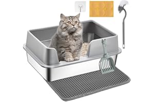 Caja de Arena para Gatos de Acero Inoxidable - Papettly Arenero Gato Acero Inoxidable con Borde Alto Extraíble, Bandeja de Arena Cerrada de Metal con Estera de Doble Capa, Pala y Cepillo, 50x35x20CM
